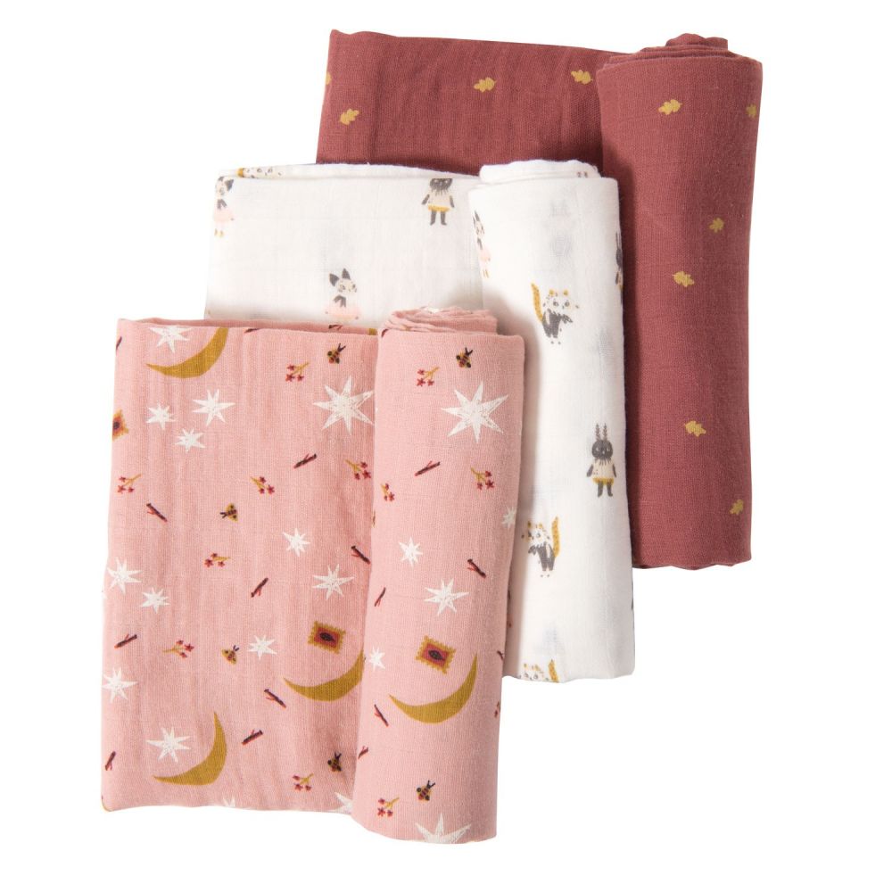 SET DE 3 LANGES IMPRIMES APRES LES PLUIE - MOULIN ROTY - Brodé