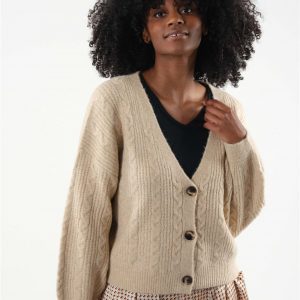 pull-yolly-deeluxe-camel-mel-maille-doux-boutonné-col V-manches longues-tressé