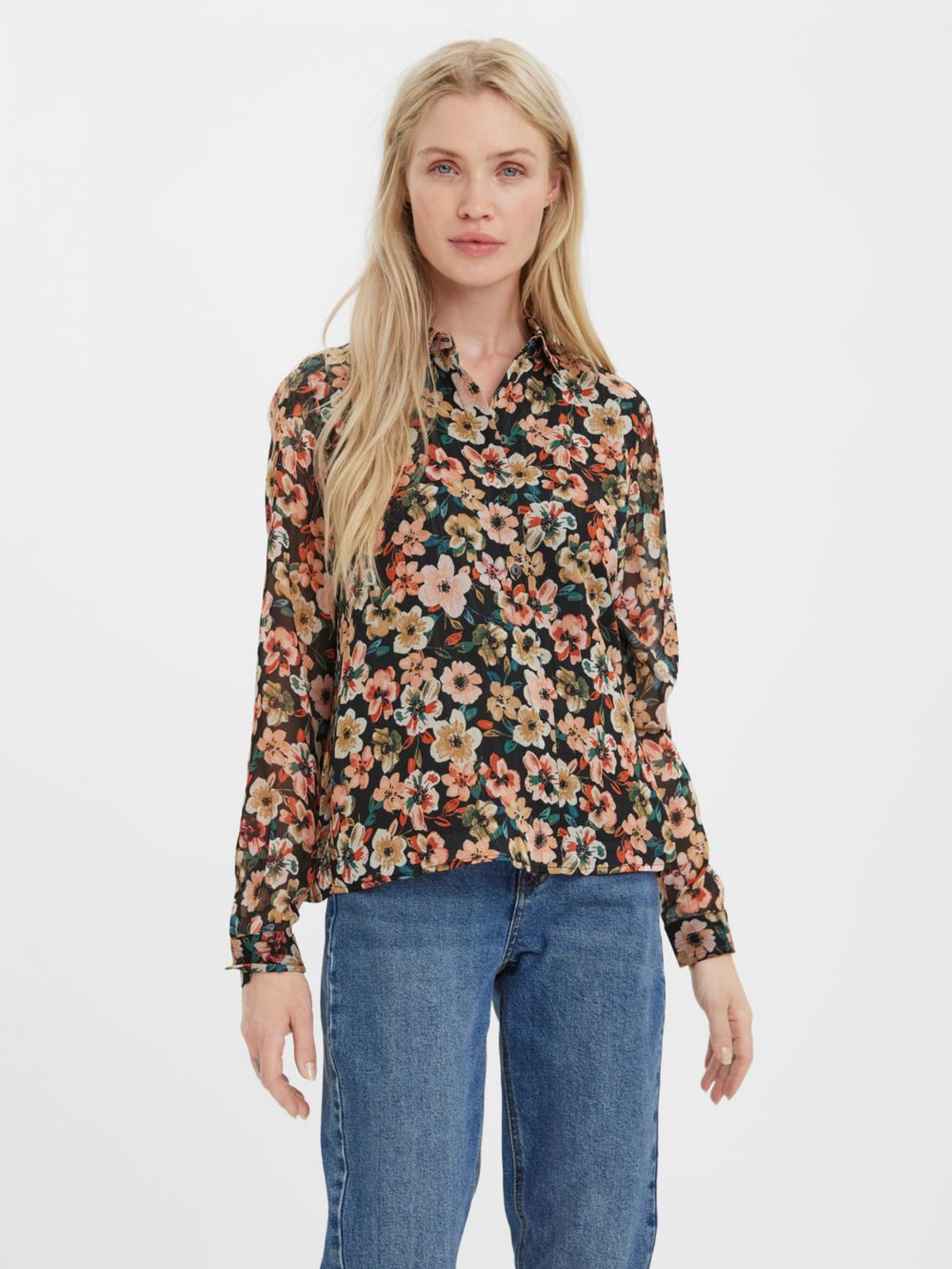 chemise-vero moda-kaya-noir-rose-fleuri-lurex-manche-longue-col chemise