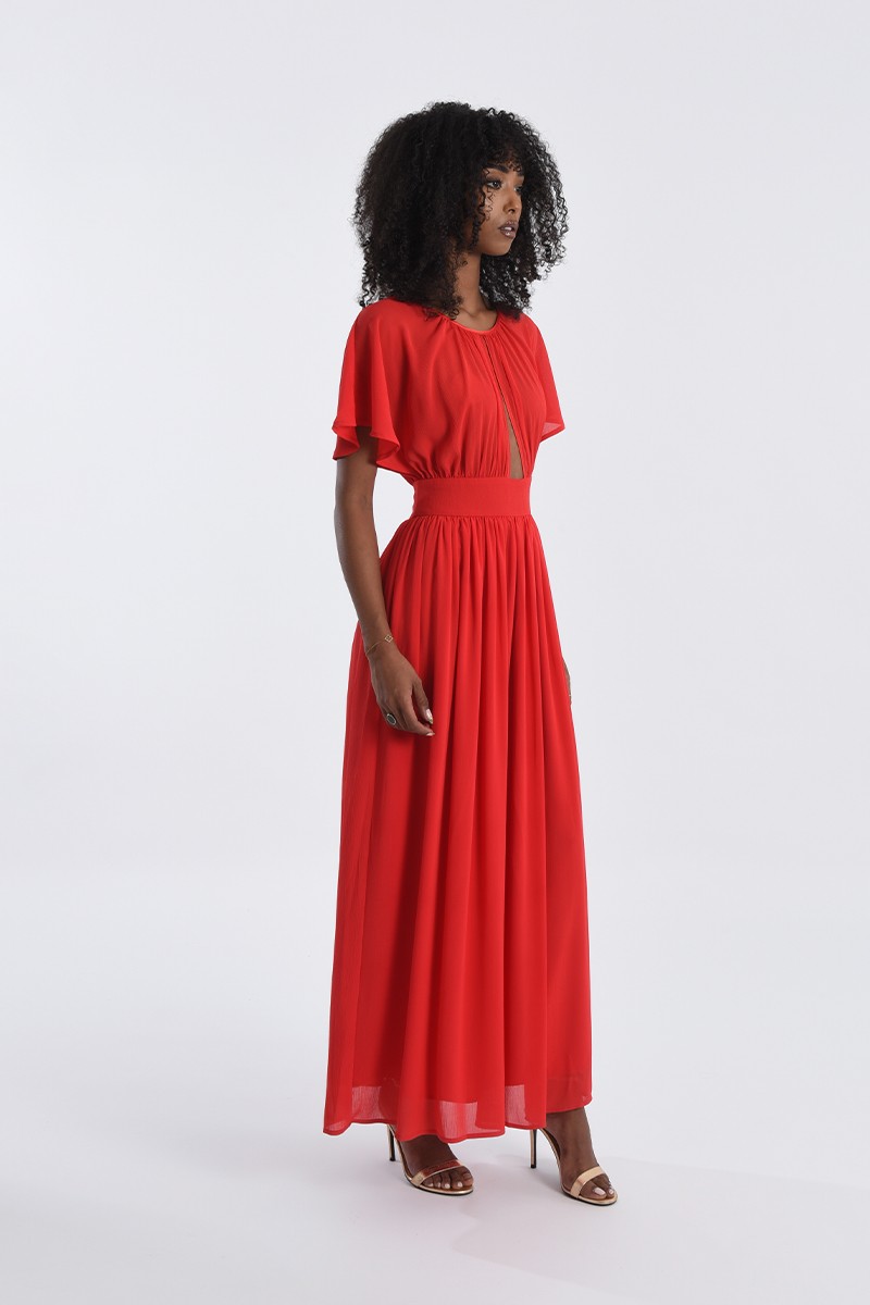 robe-molly-bracken-r1681bbp-longue-maxi-rouge-élégante-aérienne-ressérrée-taille-fente-buste-devant-dos-