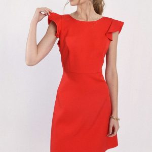 robe-rouge-molly-bracken-p1169bp-encolure-dos-volantee-courte-col-rond-ajustée