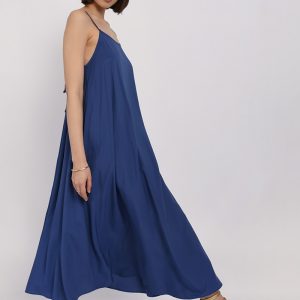 robe-evasée-blue-denim-longue-molly-bracken-ladies-women-dress-tendance-viscose-noeud-nouer-fine-bretelles