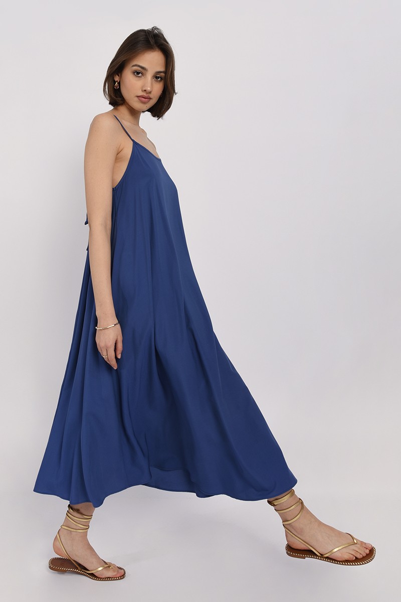 robe-evasée-blue-denim-longue-molly-bracken-ladies-women-dress-tendance-viscose-noeud-nouer-fine-bretelles