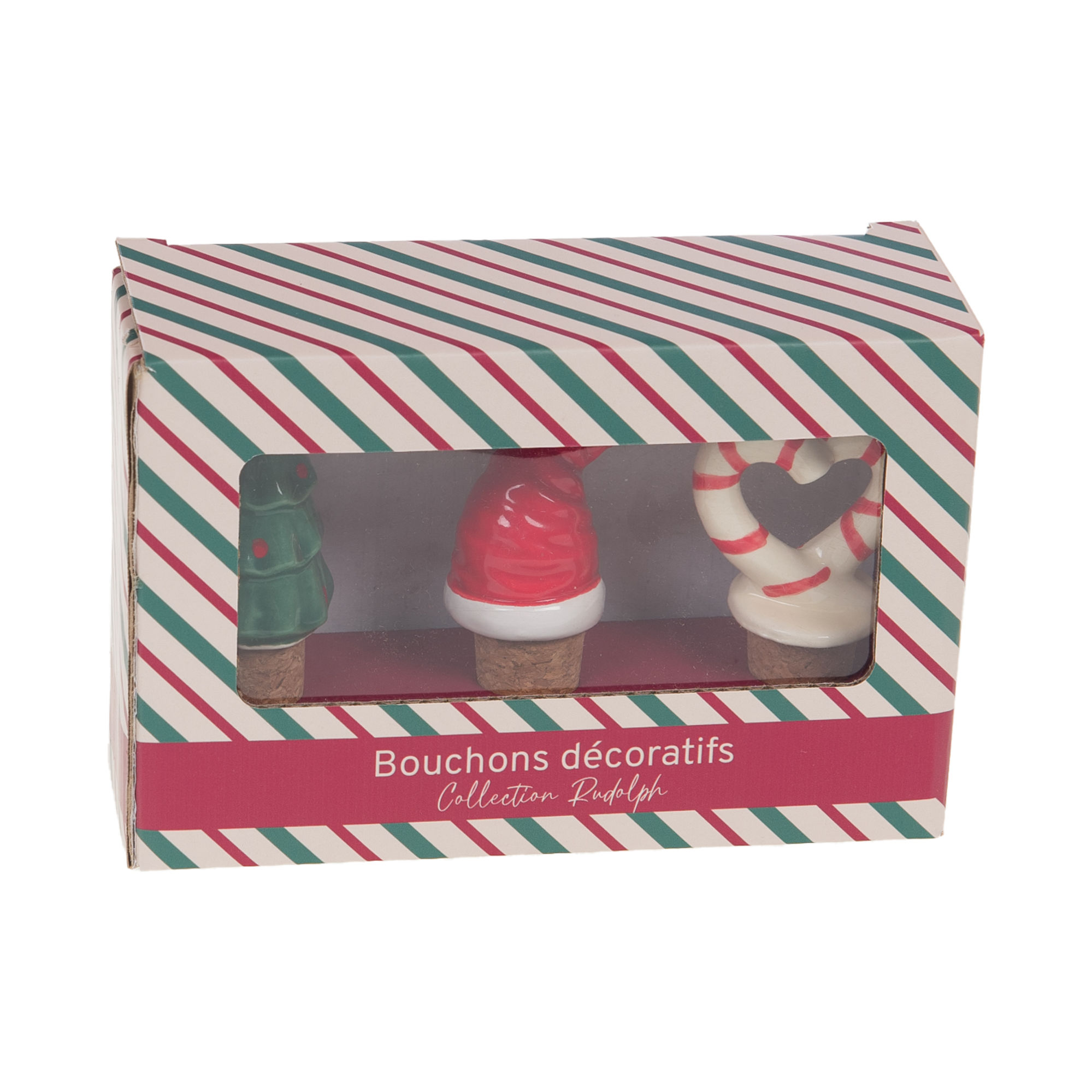 Coffret de 3 bouchons de bouteille en céramique et liège, décorés sur le thème de Noël