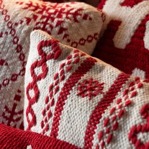 Coussin Lignes + Flocons De Neige Coton Rouge Noël/Blanc (56335)