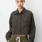Chemise courte oversize en coton à carreaux noir Azelle grace et mila
