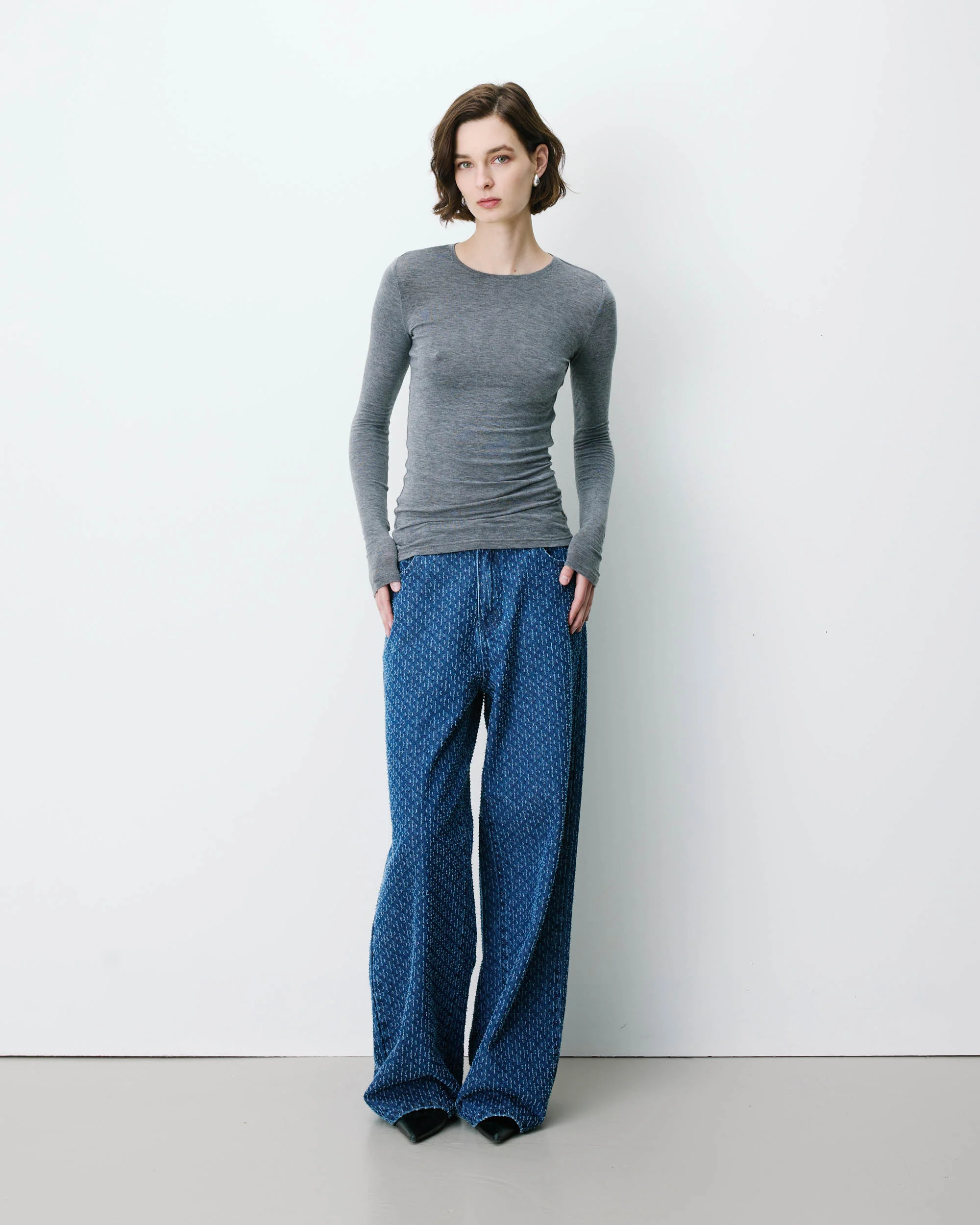 FW2617076-GRIS Top seconde peau en laine mélangée col rond gris Alkias GRACE ET MILA